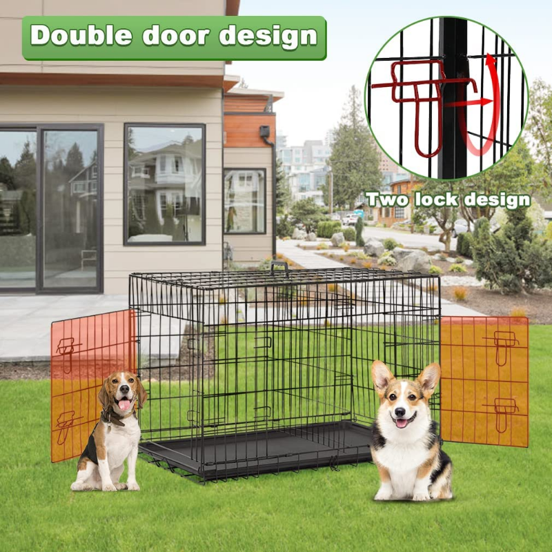 Folding Metal Dog Crate with Double-Door, Divider, and Tray (Black) 48 Inch