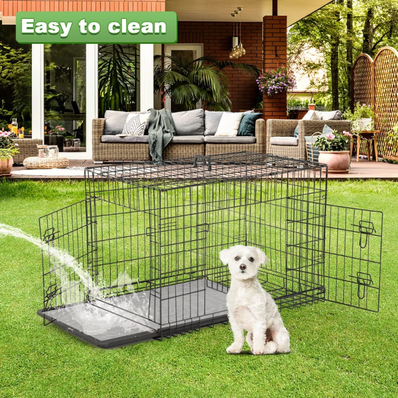 Folding Metal Dog Crate with Double-Door, Divider, and Tray (Black) 48 Inch
